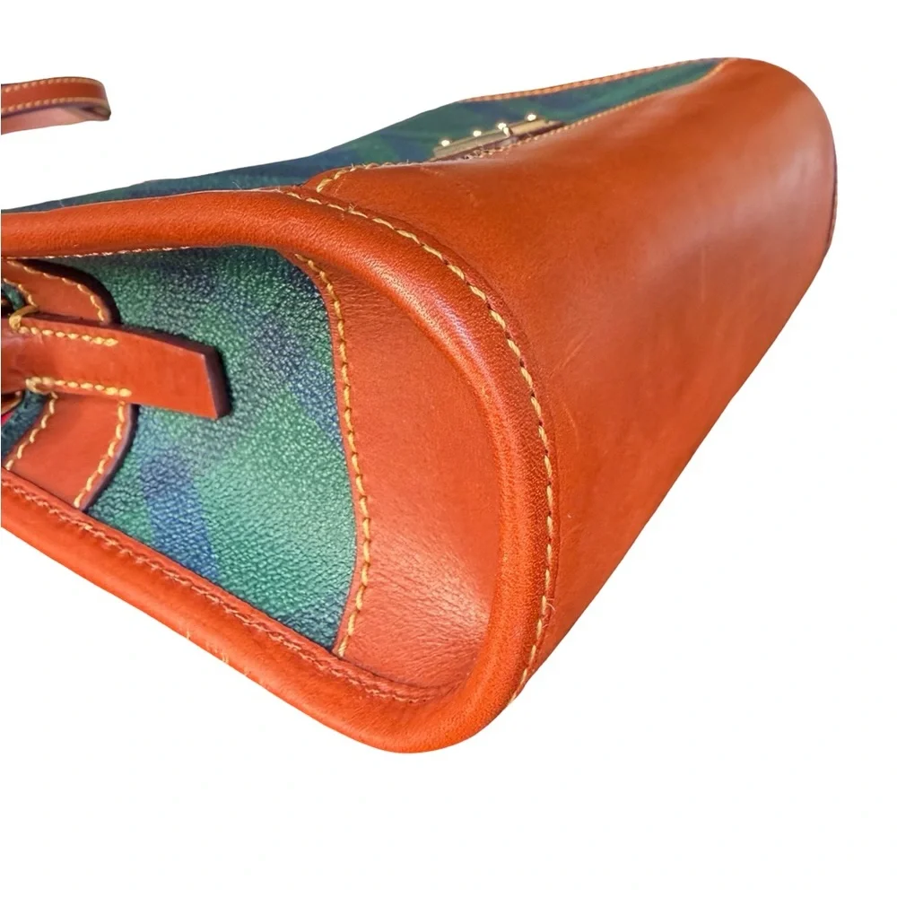 Dooney & Bourke Green Tartan Plaid Canvas & Brown Leather Crossbody Shoulder Bag